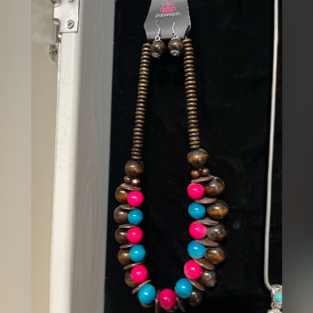 Caribbean Cover Girl Wooden Bead Necklace / Earring set Brown Pink and Blue